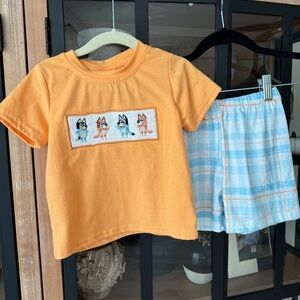 Bluey smocked set tee shirt shorts sleeve bingo toddler boys plaid embroidered m